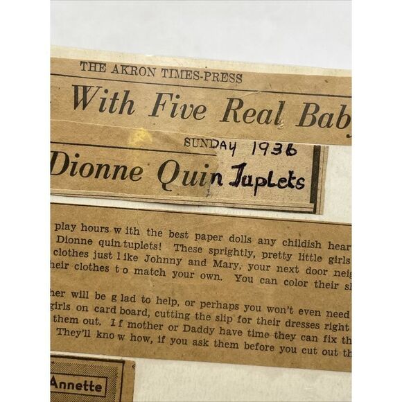 VTG Dionne Quintuplets Five Real Baby Paper Dolls Newspaper Collectible Ephemera - Picture 6 of 9